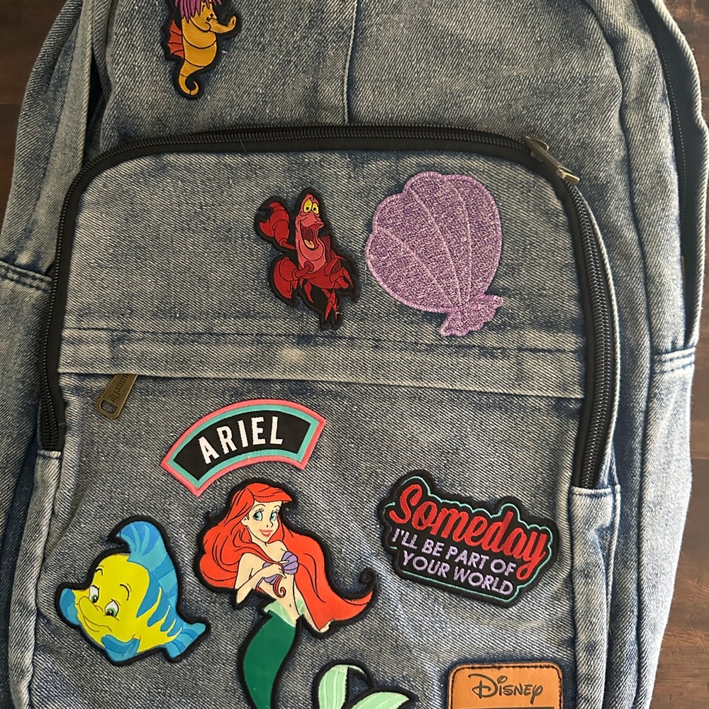 Loungefly Disney Ariel Denim-Style Backpack with Purple Shell Patch